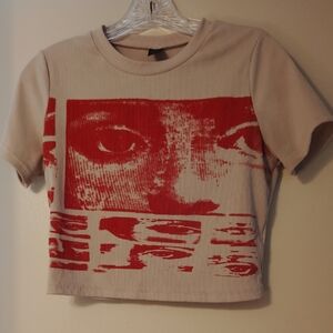 SHEIN Red Graphic Baby Tee on Beige